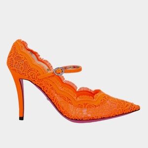 Gucci Neon Orange Lace and Leather Pointed Toe Pumps - Size 38